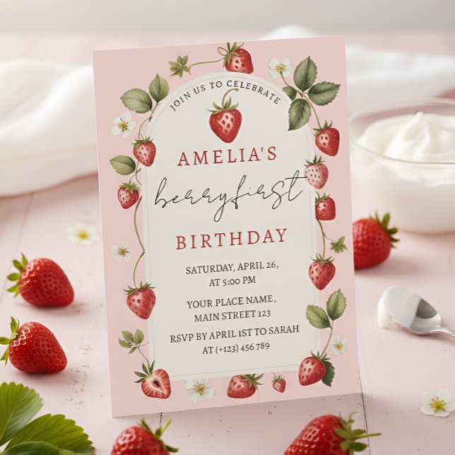 Invitation Célébration de premier anniversaire de fraise mign (Créateur téléchargé)