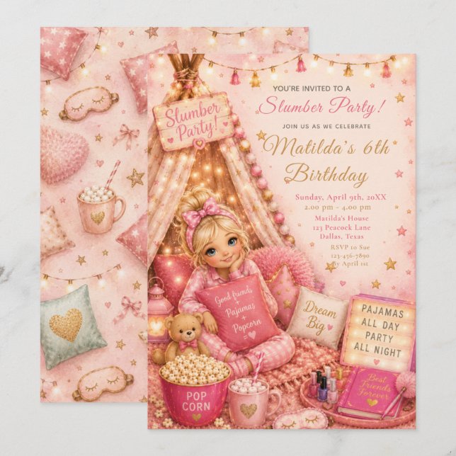 Invitation Célébration de pyjama party rose (Devant / Derrière)