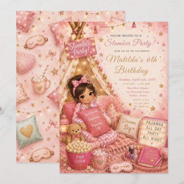 Invitation Célébration de pyjama party rose (Devant / Derrière)