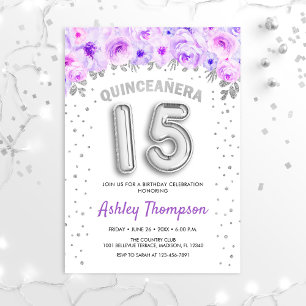 Invitation Célébration de Quinceanera - Ballons d'argent viol