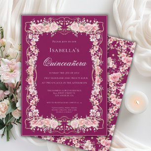 Invitation Célébration de Quinceañera florale rose 15 Élégant