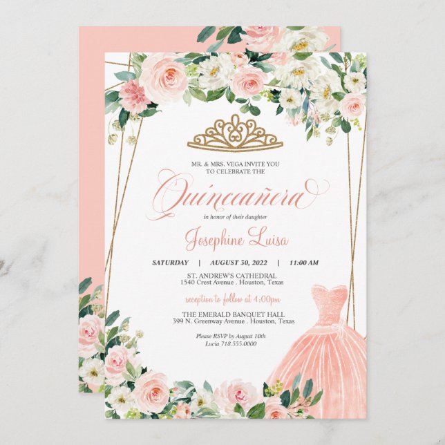 Invitation Célébration de Quinceañera florale rose et blanc (Devant / Derrière)
