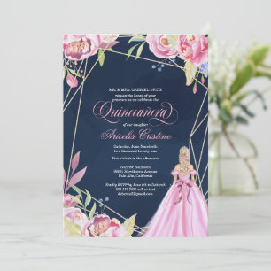 Invitation Célébration de Quinceanera rose et bleu marine & r