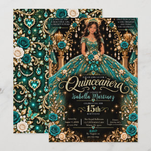 Invitation Célébration de Quinceañera sarcelle et or