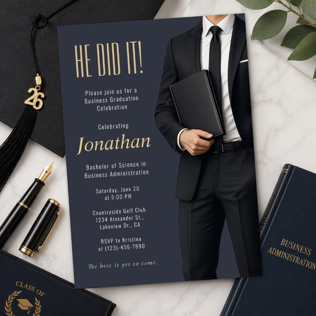 Invitation Célébration de remise de diplômes en entreprise (Elegant business graduation invitation with a modern luxury editorial portrait style.)