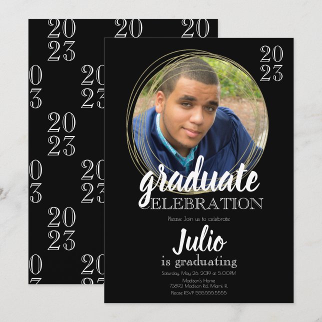 Invitation Célébration de remise de diplômes moderne noir or (Devant / Derrière)