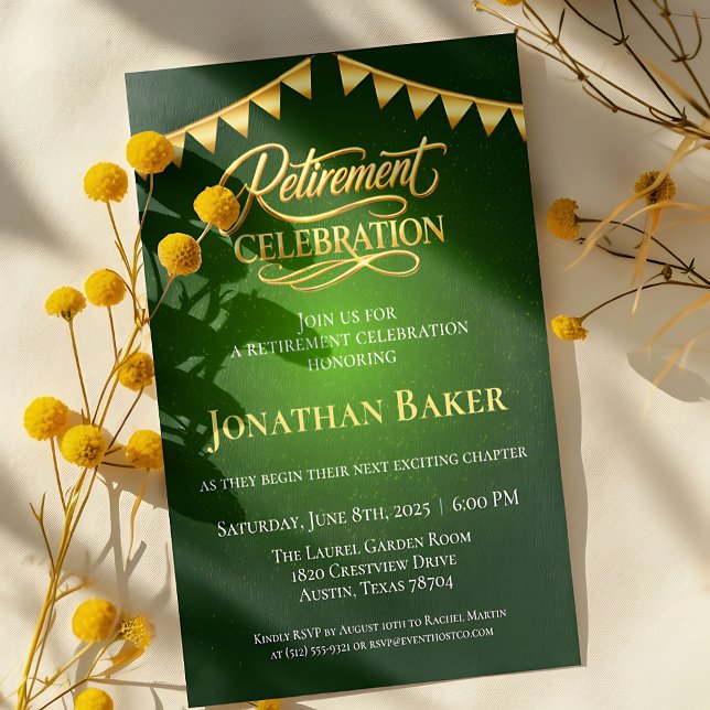 Invitation Célébration de retraite élégante avec bunting doré (Elegant Gold Bunting Green Retirement Celebration Invitation)