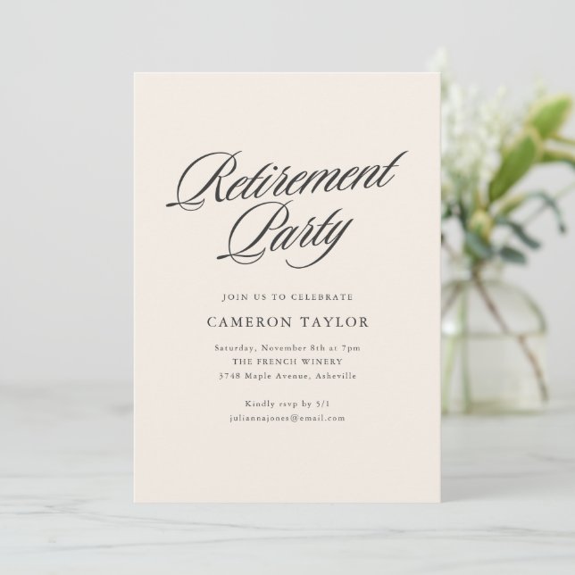 Invitation Célébration de retraite Ivory Cream Black Script (Debout devant)