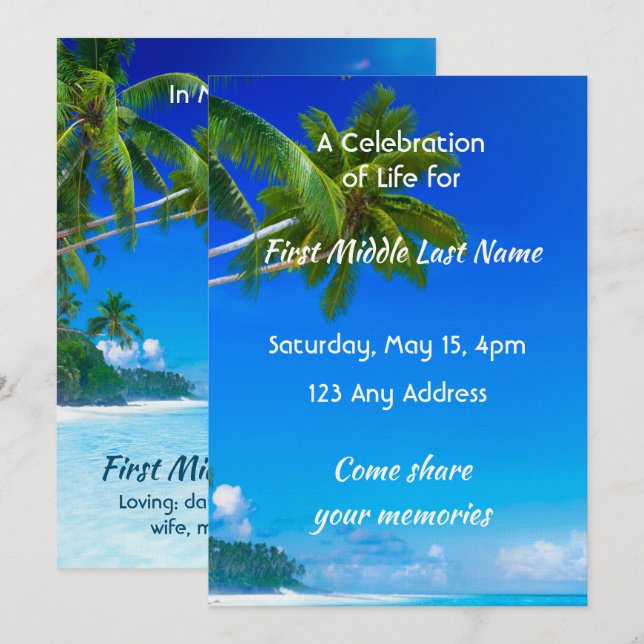 Invitation Célébration de service de vie Plage tropicale Exot (Devant / Derrière)
