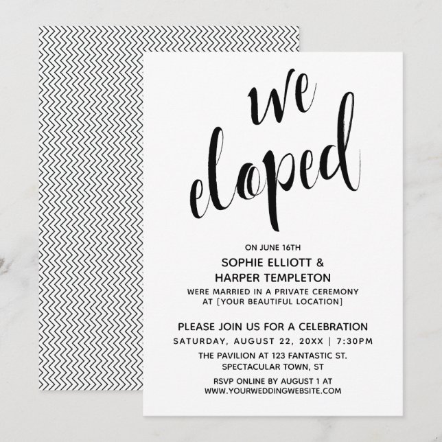 Invitation Célébration de typographie We Eloped noir et blanc (Devant / Derrière)