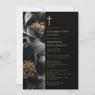Invitation Célébration de vie chrétienne noire et or 