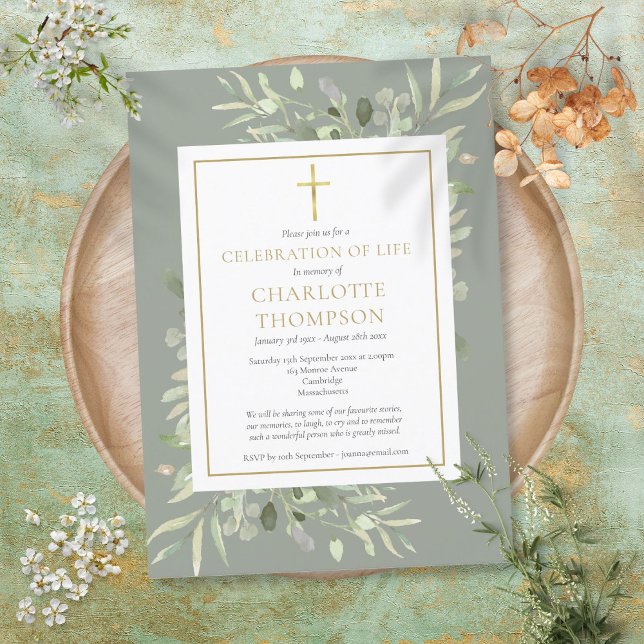 Invitation Célébration de vie chrétienne verte or sage (Sage Greenery Gold Christian Celebration of Life Invitation)