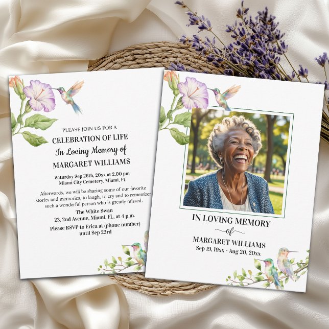 Invitation Célébration De Vie Colibris Floral Photo  (Créateur téléchargé)