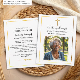 Invitation Célébration De Vie Croix Dorée Photo Funérailles