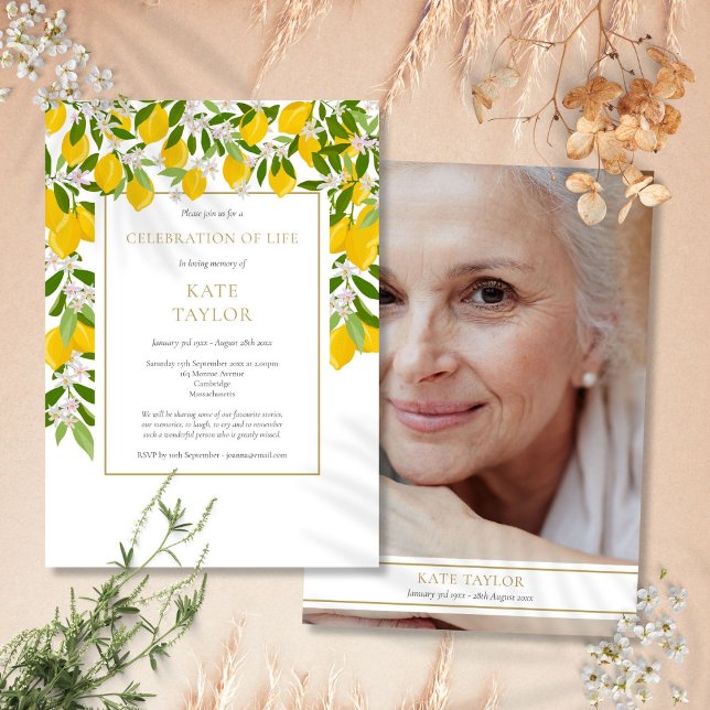 Invitation Célébration de vie de photo de floraison de citron (Lemons Blossom Photo Funeral Celebration of Life Invitation)