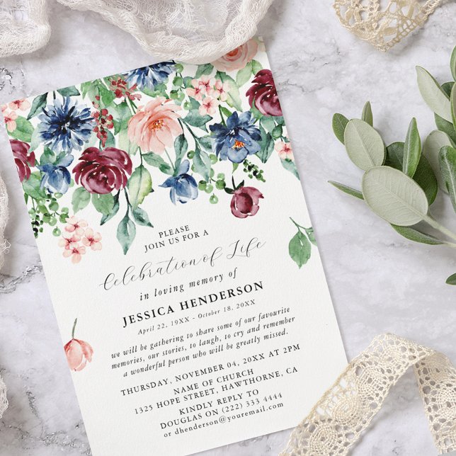 Invitation Célébration de vie élégante florale à l'aquarelle (Créateur téléchargé)