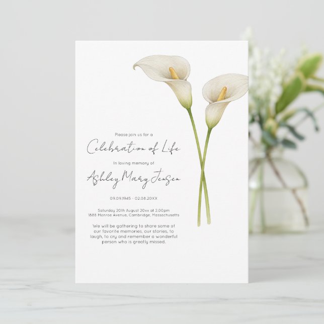 Invitation Célébration de vie funéraire du calla lily (Debout devant)