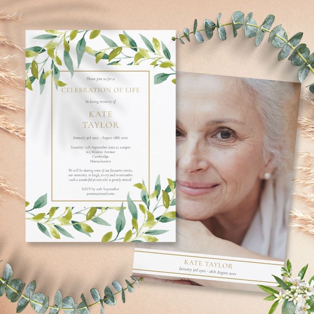 Invitation Célébration de vie funéraire en photo de verdure (Greenery Photo Funeral Celebration of Life Invitation)