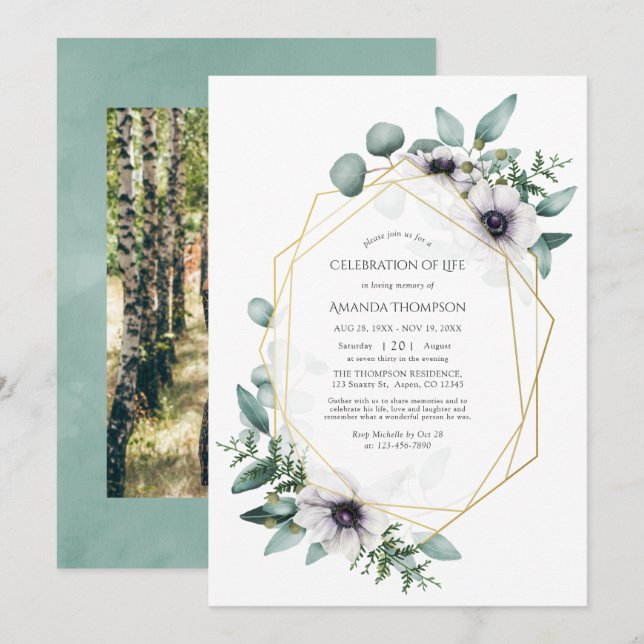 Invitation Célébration de vie géométrique d'anémone d'eucalyp (Devant / Derrière)