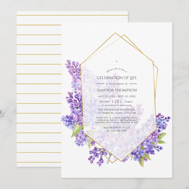 Invitation Célébration de vie Herbier géométrique violet (Devant / Derrière)