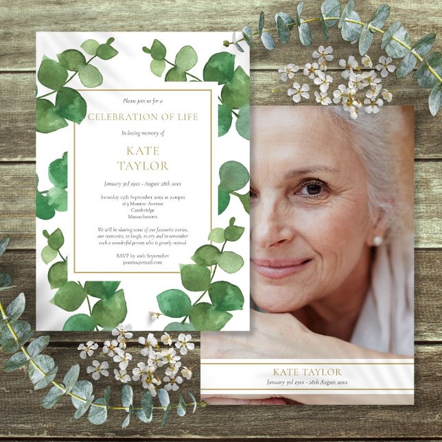 Invitation Célébration de vie photo d'eucalyptus Funérailles (Eucalyptus Photo Funeral Celebration of Life Invitation)