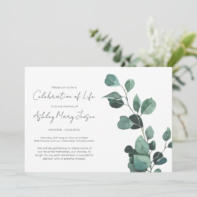 Invitation Célébration de vie simple au eucalyptus pour des f (Debout devant)