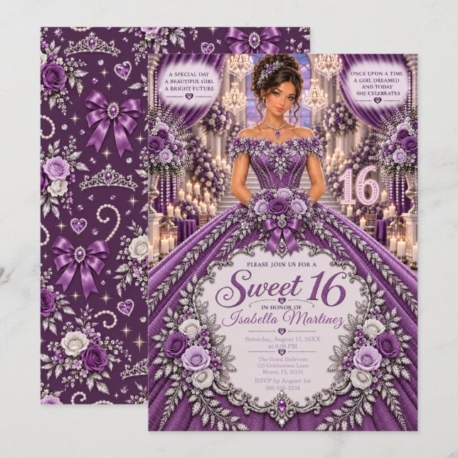 Invitation Célébration des 16 ans douce Purple (Devant / Derrière)