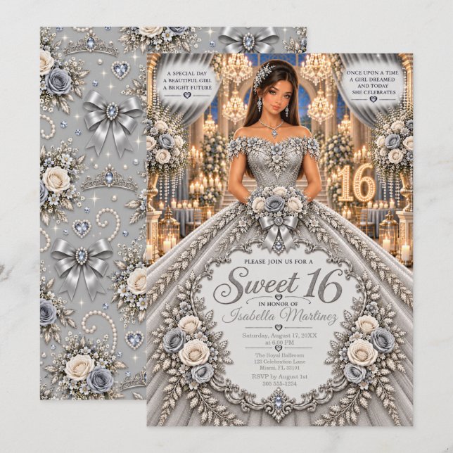 Invitation Célébration des 16 ans Silver Sweet (Devant / Derrière)