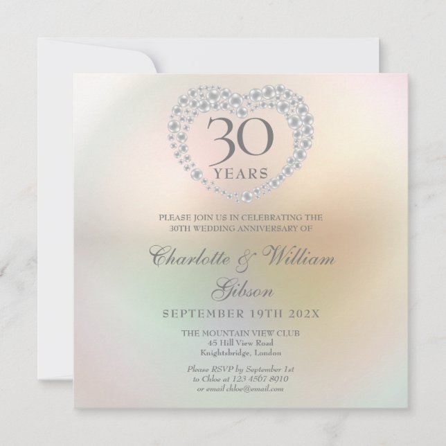 Invitation Célébration des 30 ans de mariage Perle Cœur Carré (Devant)