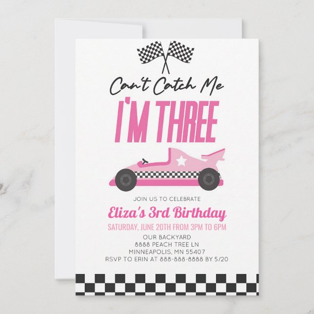 Invitation Célébration des 3 ans de la voiture de course rose (Devant)