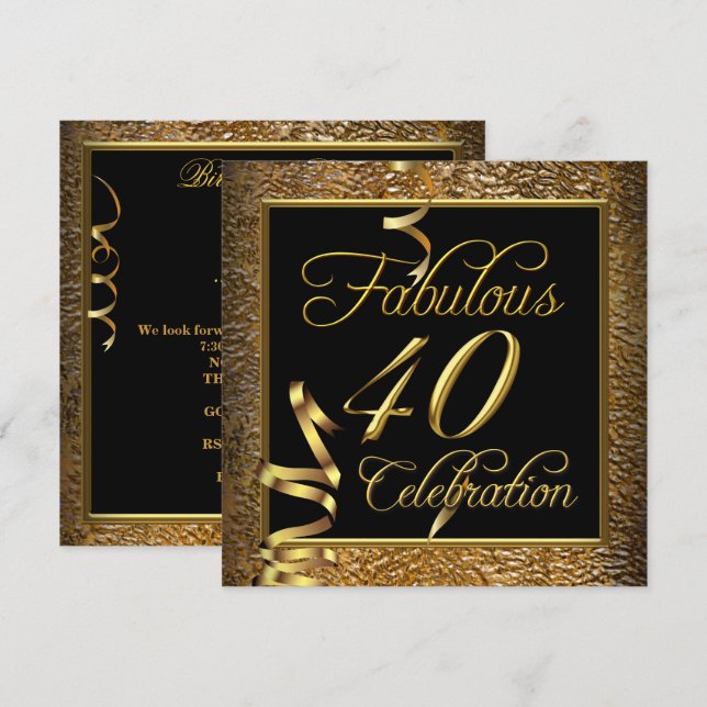 Invitation Célébration des 40 ans fabuleux Or Noir Fête d'ann (Devant / Derrière)