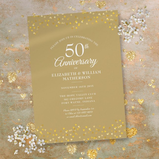 Invitation Célébration des 50 ans de mariage Confettis Cœurs  (50th Wedding Anniversary Golden Hearts Confetti Invitation)