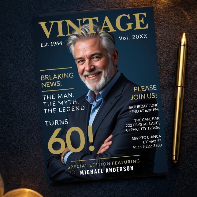 Invitation Célébration des 60 ans de l'homme Style Magazine (Close up of gold navy invite with premium typography and clean layout)