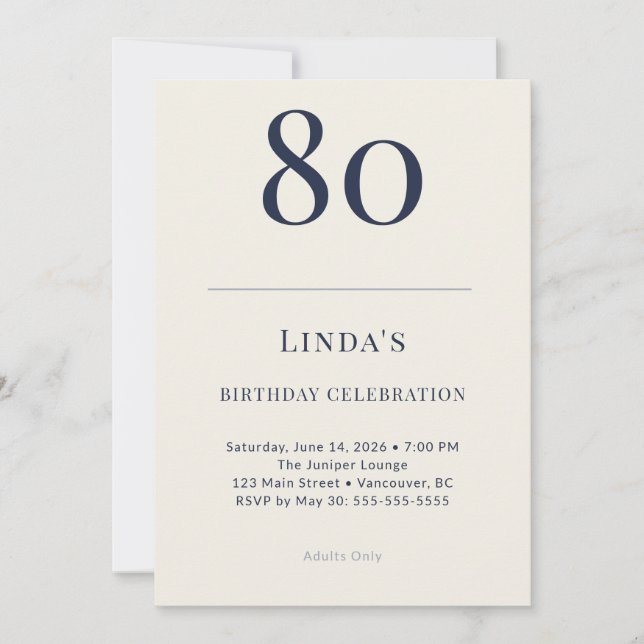 Invitation Célébration des 80 ans Classic Navy & Cream (Devant)