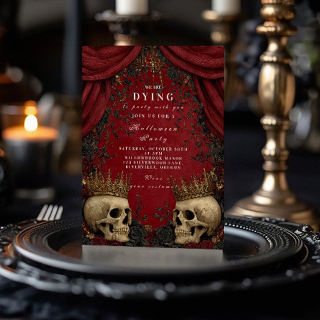 Invitation Célébration d'Halloween Crâne Gothique et Rose Noi (Créateur téléchargé)