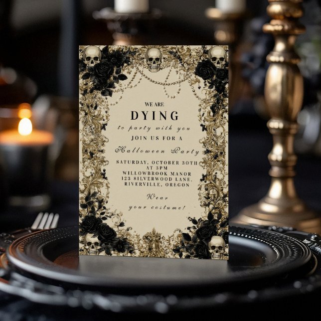 Invitation Célébration d'Halloween Dark Elegance Skull and Ro (Créateur téléchargé)