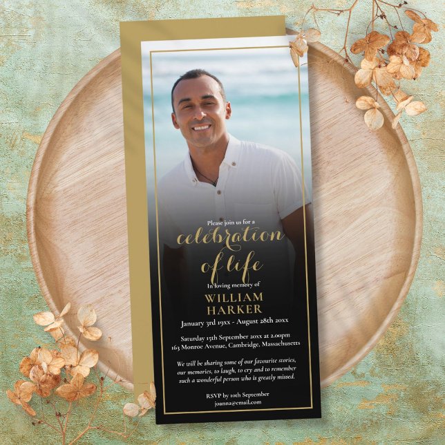 Invitation Célébration d'or de la photo de funérailles de vie (Gold Celebration of Life Photo Funeral Invitation)