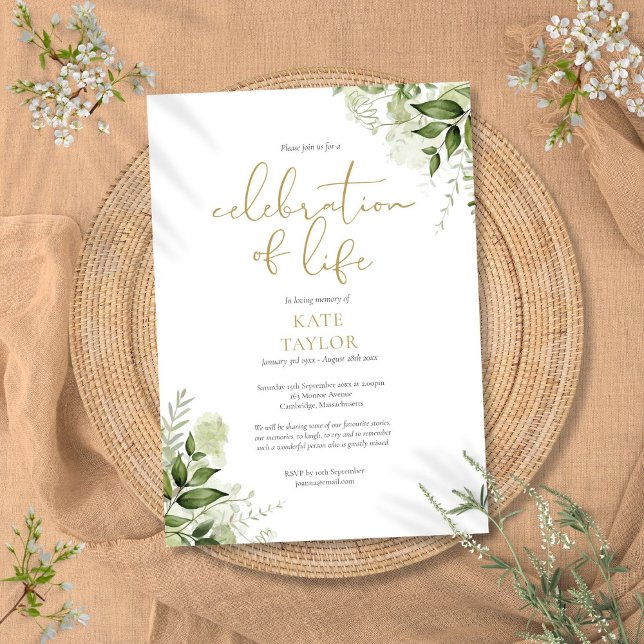 Invitation Célébration d'or de la vie verdure florale funérai (Gold Celebration of Life Greenery Floral Funeral Invitation)