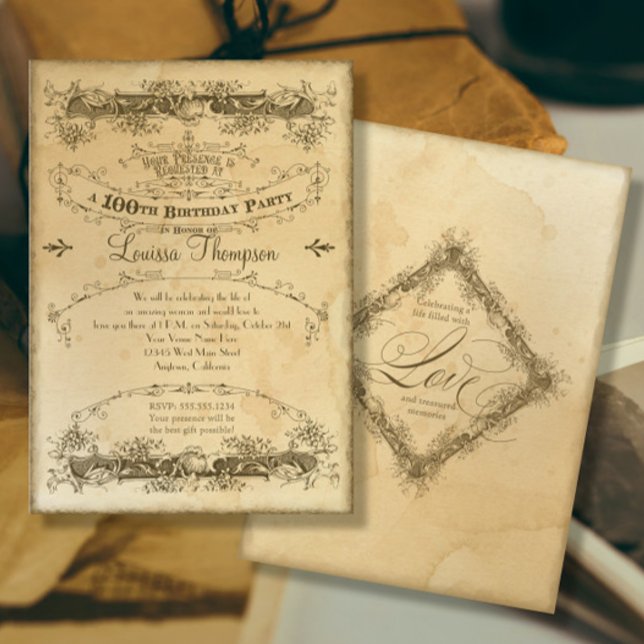 Invitation Célébration du 100e anniversaire vintage thé taché (Créateur téléchargé)