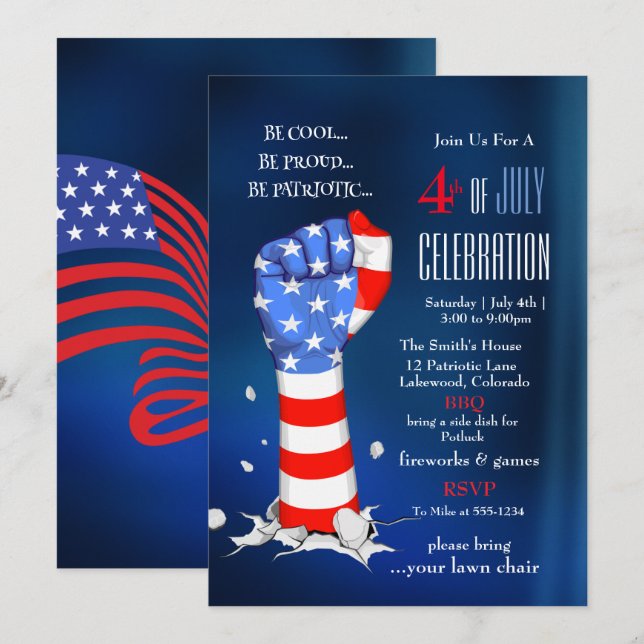 Invitation Célébration du 4 juillet Drapeau américain Poing (Devant / Derrière)
