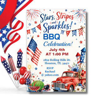 Invitation Célébration du 4 juillet étoiles rayures étincelle