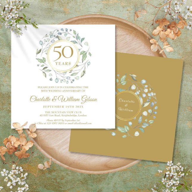 Invitation Célébration du 50e anniversaire de mariage Floral  (50th Wedding Anniversary Floral Greenery Square Invitation)