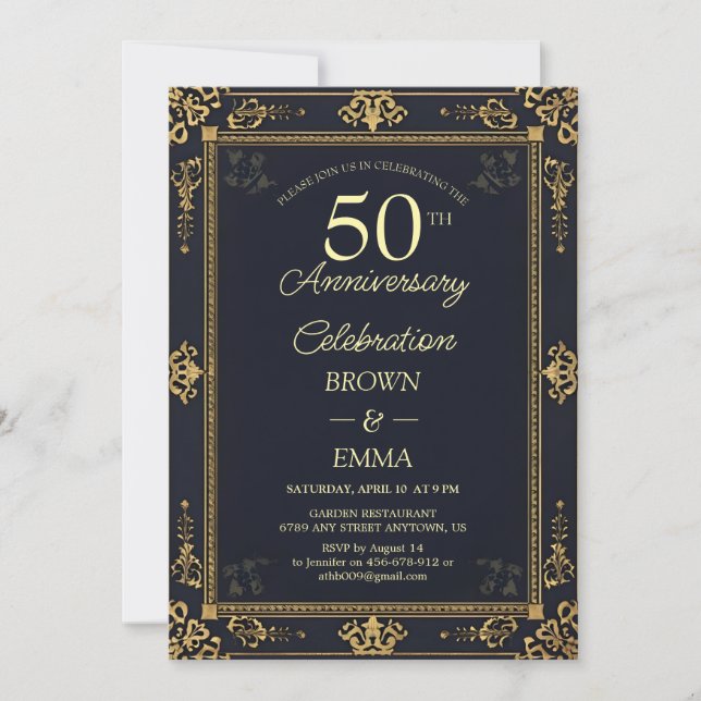 Invitation Célébration du 50e anniversaire en noir élégant et (Devant)