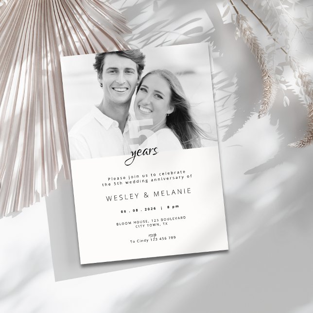 Invitation Célébration du 5e anniversaire de mariage moderne  (modern 5th wedding anniversary invitation with photo)