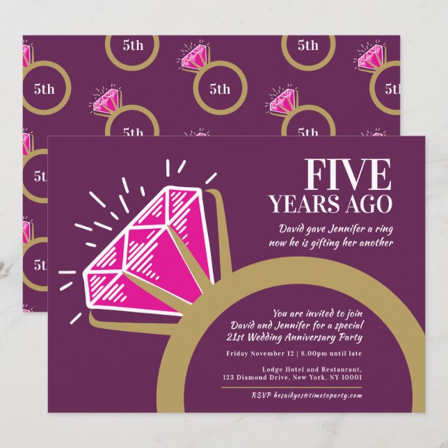 Invitation Célébration du 5ème anniversaire de mariage bague  (Devant / Derrière)