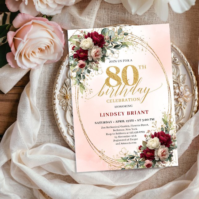 Invitation Célébration du 80e anniversaire de Floral Gold Int (Timeless Floral Gold 80th Birthday Celebration Invite)