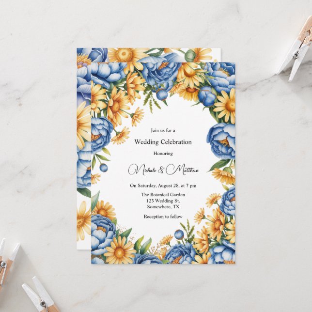 Invitation Célébration du Mariage Blue Peony et Yellow Daisie (Devant/Arrière en situation)