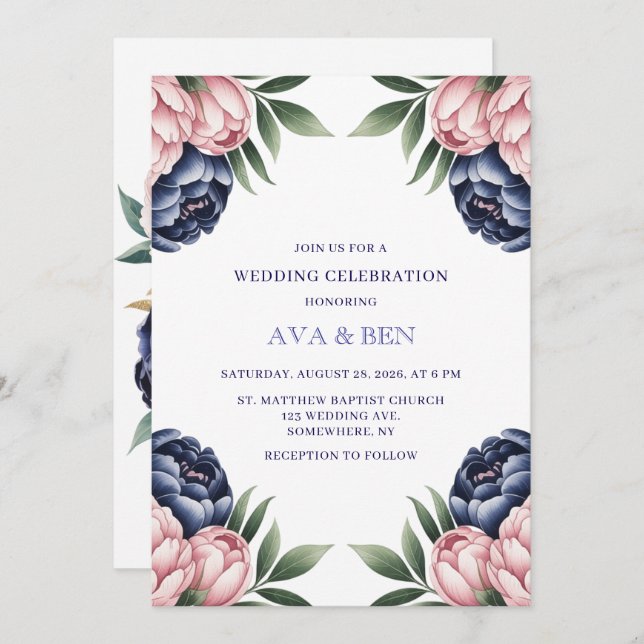 Invitation Célébration du Mariage Blush et Navy Blue Peony (Devant / Derrière)