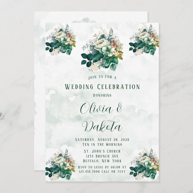 Invitation Célébration du Mariage Emerald Green Cream Florals (Devant / Derrière)
