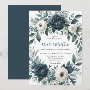 Invitation Célébration du Mariage floral d'ivoire bleu marine